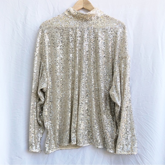 H&M | NWOT L/XL SEQUINED TOP WITH HIGH MOCK COLLAR LONG SLEEVED SHEER BLOUSE - Picture 3 of 8